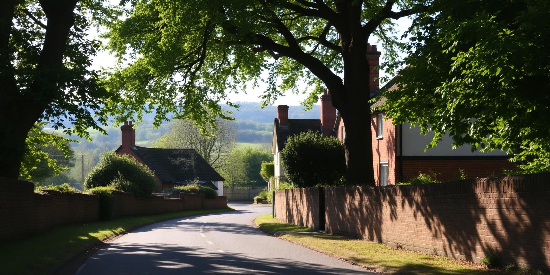 A quiet leafy village lane in Angmering with brick cottages and the South Downs beyond.