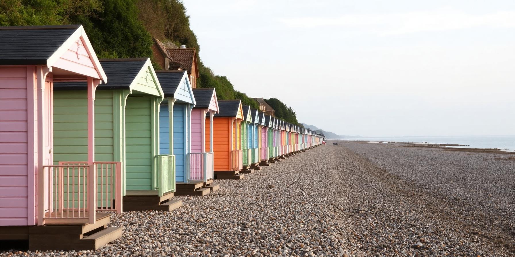 A row of pastel beach huts along the pebble beach at East Preston.