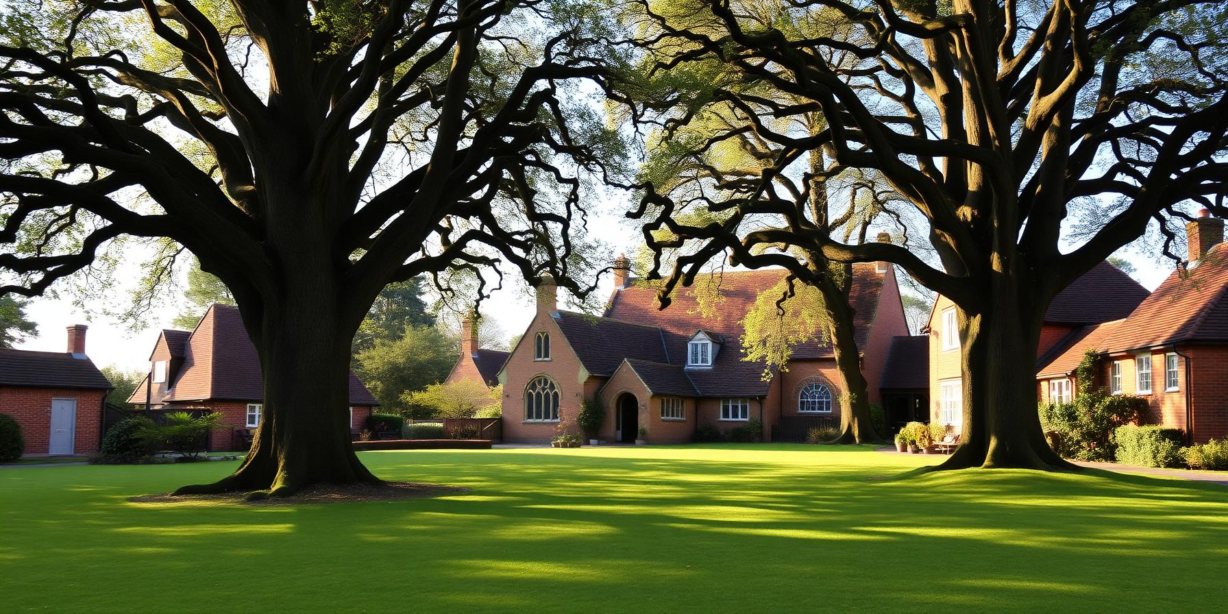 Mature oak trees on Rustington village green framing traditional brick cottages.